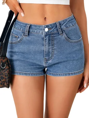 LYANER Women's Mid-High Waisted Denim Jean Shorts Stretchy Skinny Summer Hot Short Pants