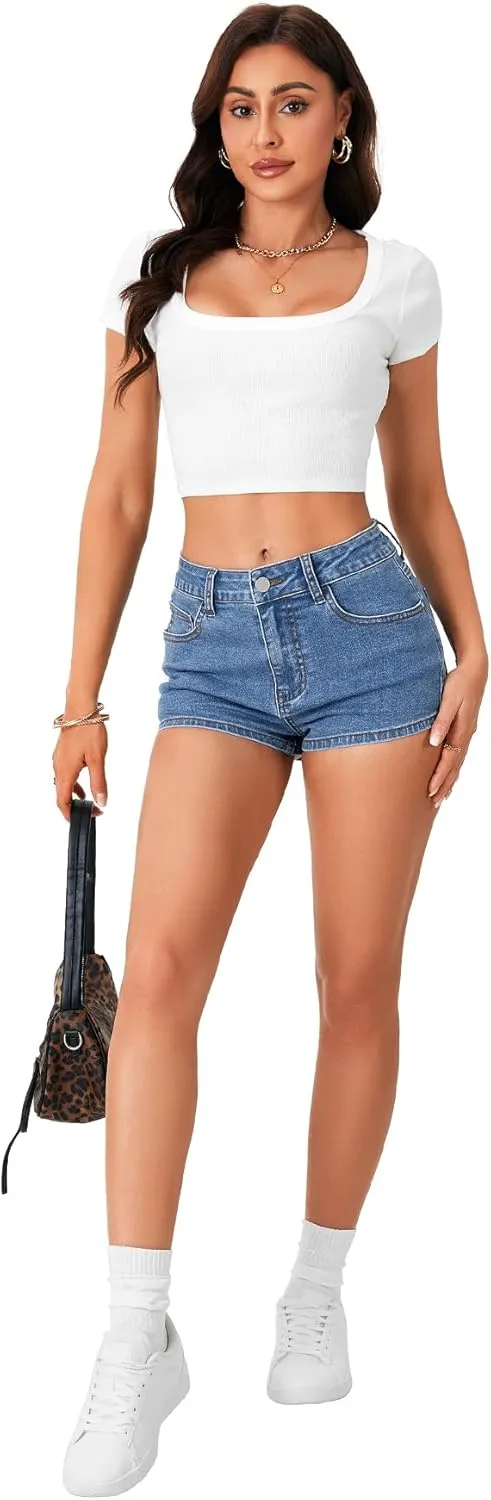 LYANER Women's Mid-High Waisted Denim Jean Shorts Stretchy Skinny Summer Hot Short Pants