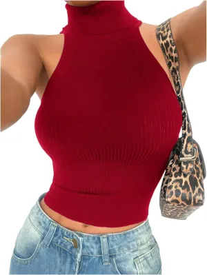 MakeMeChic Women's Turtleneck Halter Sleeveless Sweater Stretchy Knit Tank Crop Tops