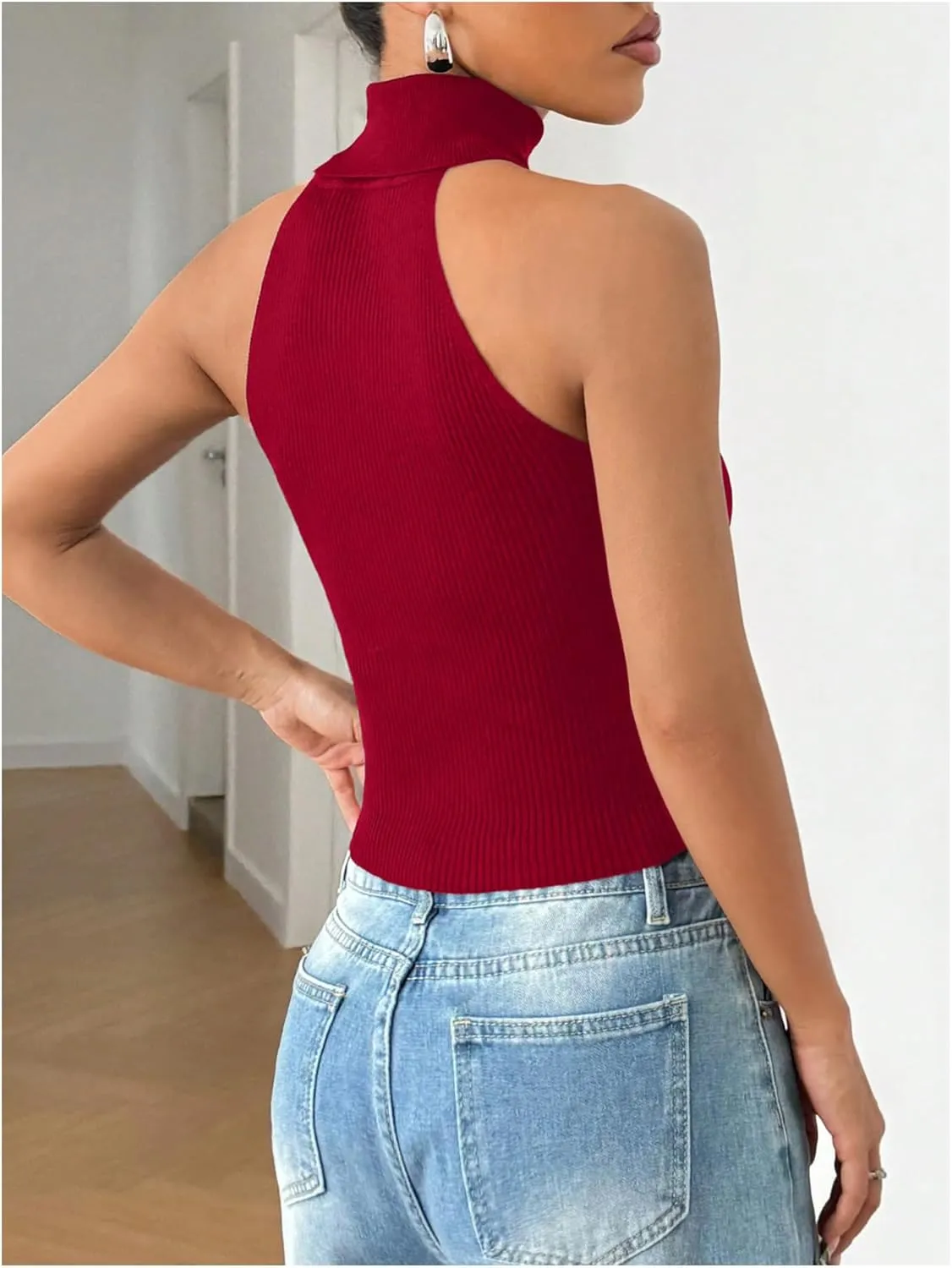 MakeMeChic Women's Turtleneck Halter Sleeveless Sweater Stretchy Knit Tank Crop Tops
