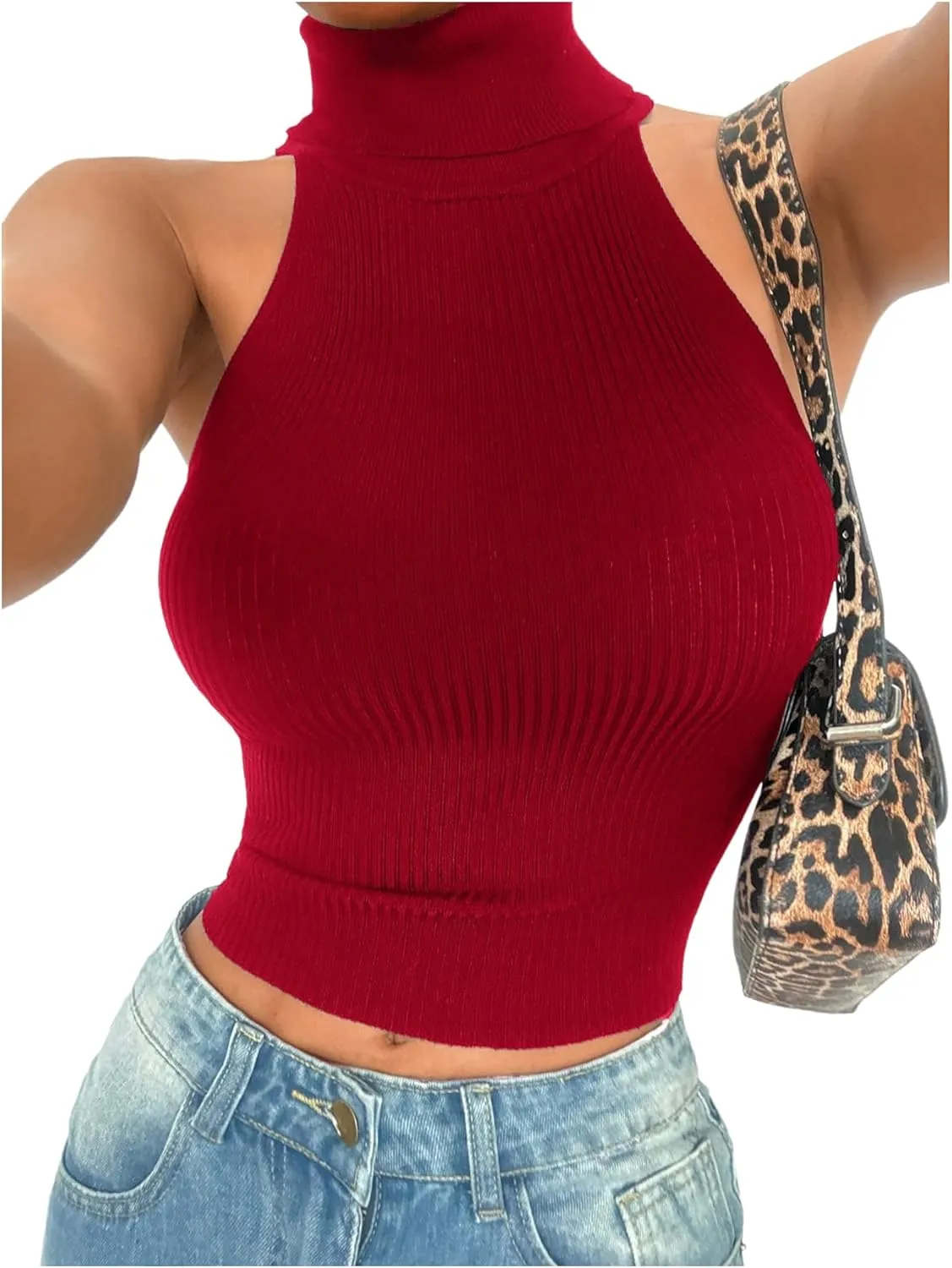 MakeMeChic Women's Turtleneck Halter Sleeveless Sweater Stretchy Knit Tank Crop Tops