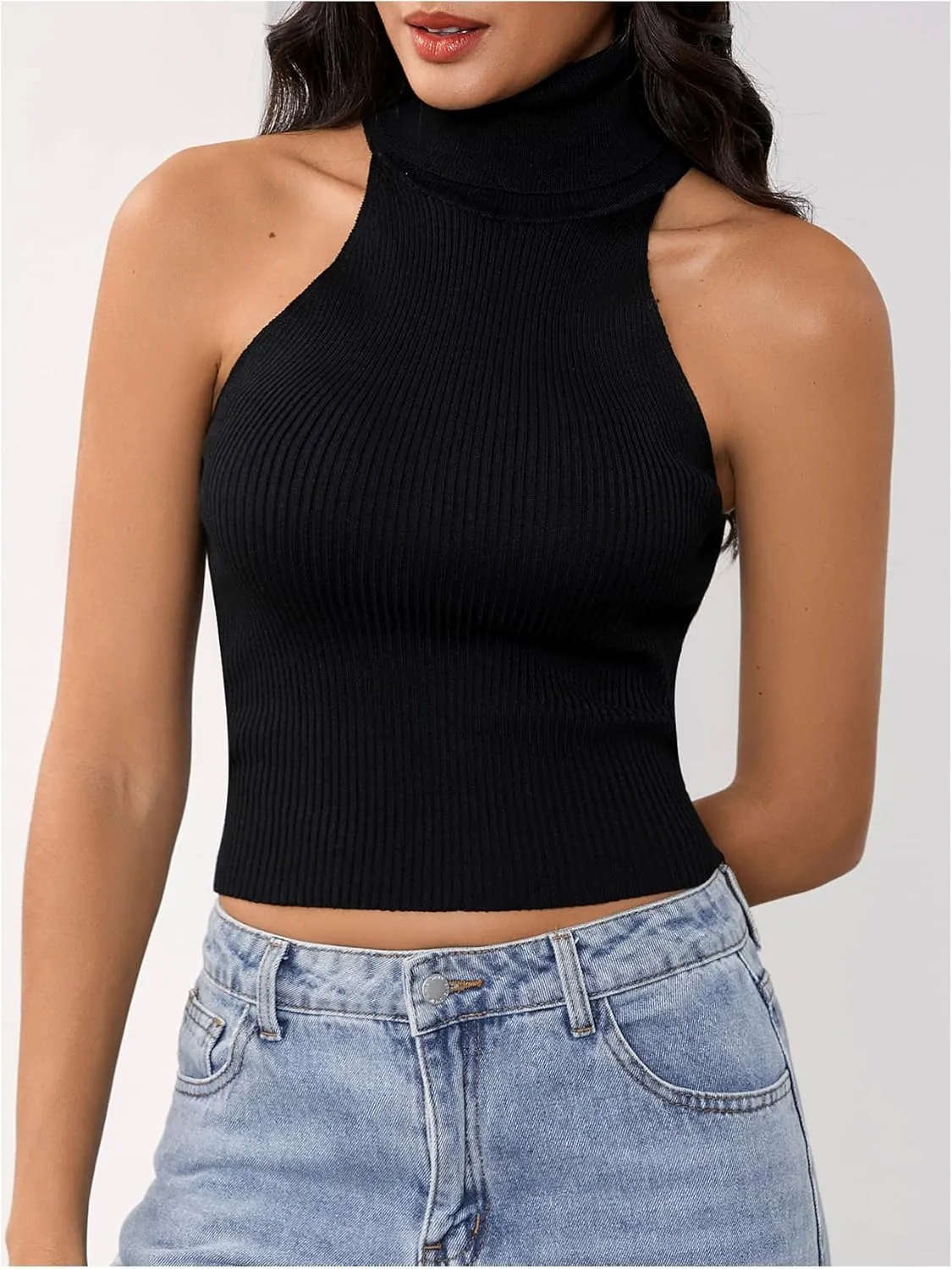 MakeMeChic Women's Turtleneck Halter Sleeveless Sweater Stretchy Knit Tank Crop Tops