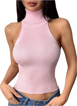 MakeMeChic Women's Turtleneck Halter Sleeveless Sweater Stretchy Knit Tank Crop Tops