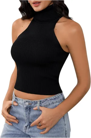 MakeMeChic Women's Turtleneck Halter Sleeveless Sweater Stretchy Knit Tank Crop Tops