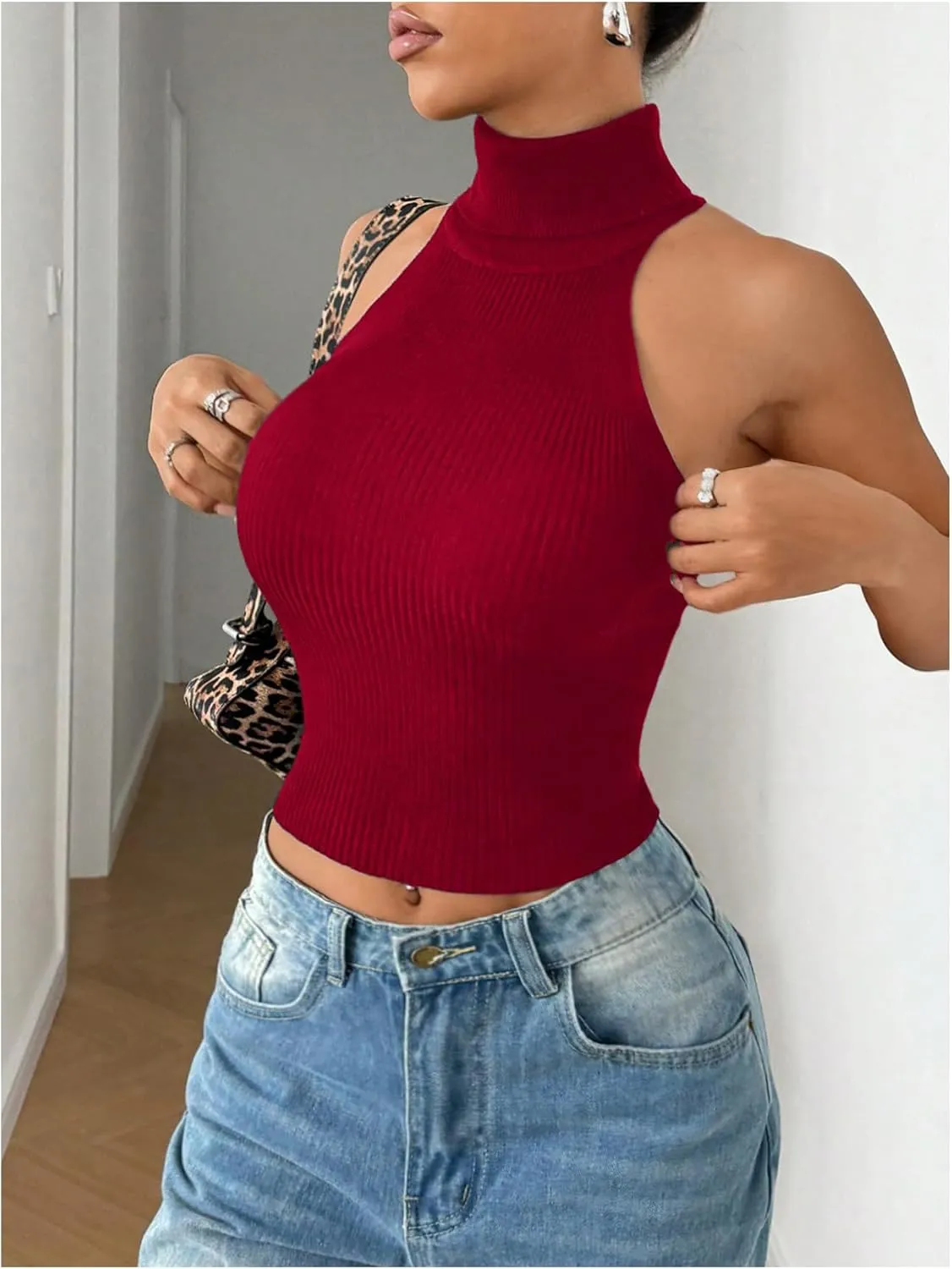 MakeMeChic Women's Turtleneck Halter Sleeveless Sweater Stretchy Knit Tank Crop Tops