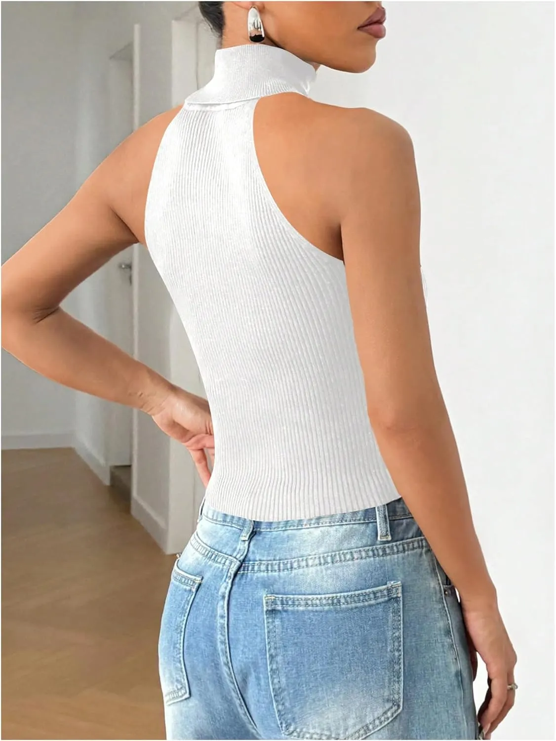 MakeMeChic Women's Turtleneck Halter Sleeveless Sweater Stretchy Knit Tank Crop Tops