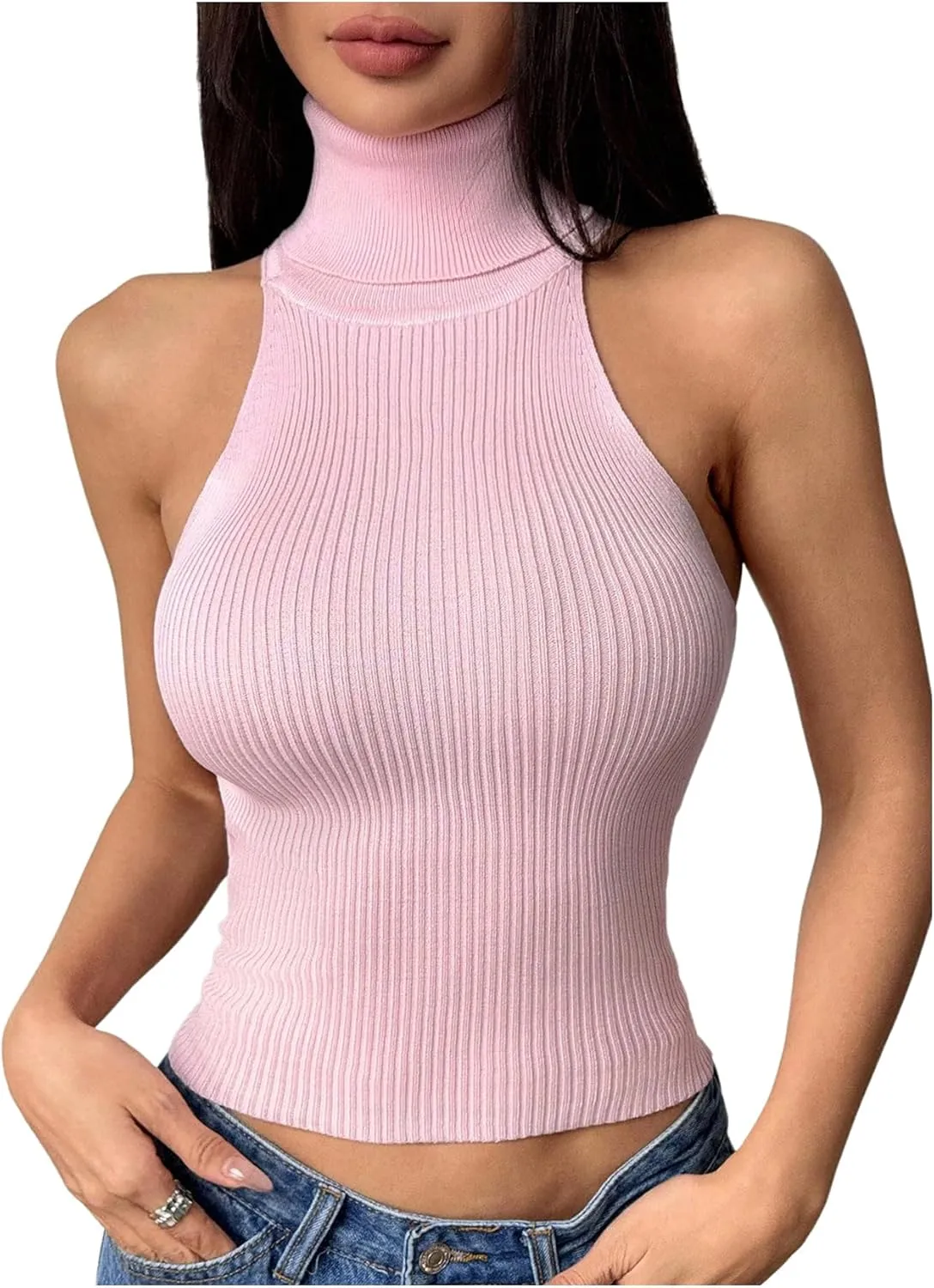 MakeMeChic Women's Turtleneck Halter Sleeveless Sweater Stretchy Knit Tank Crop Tops