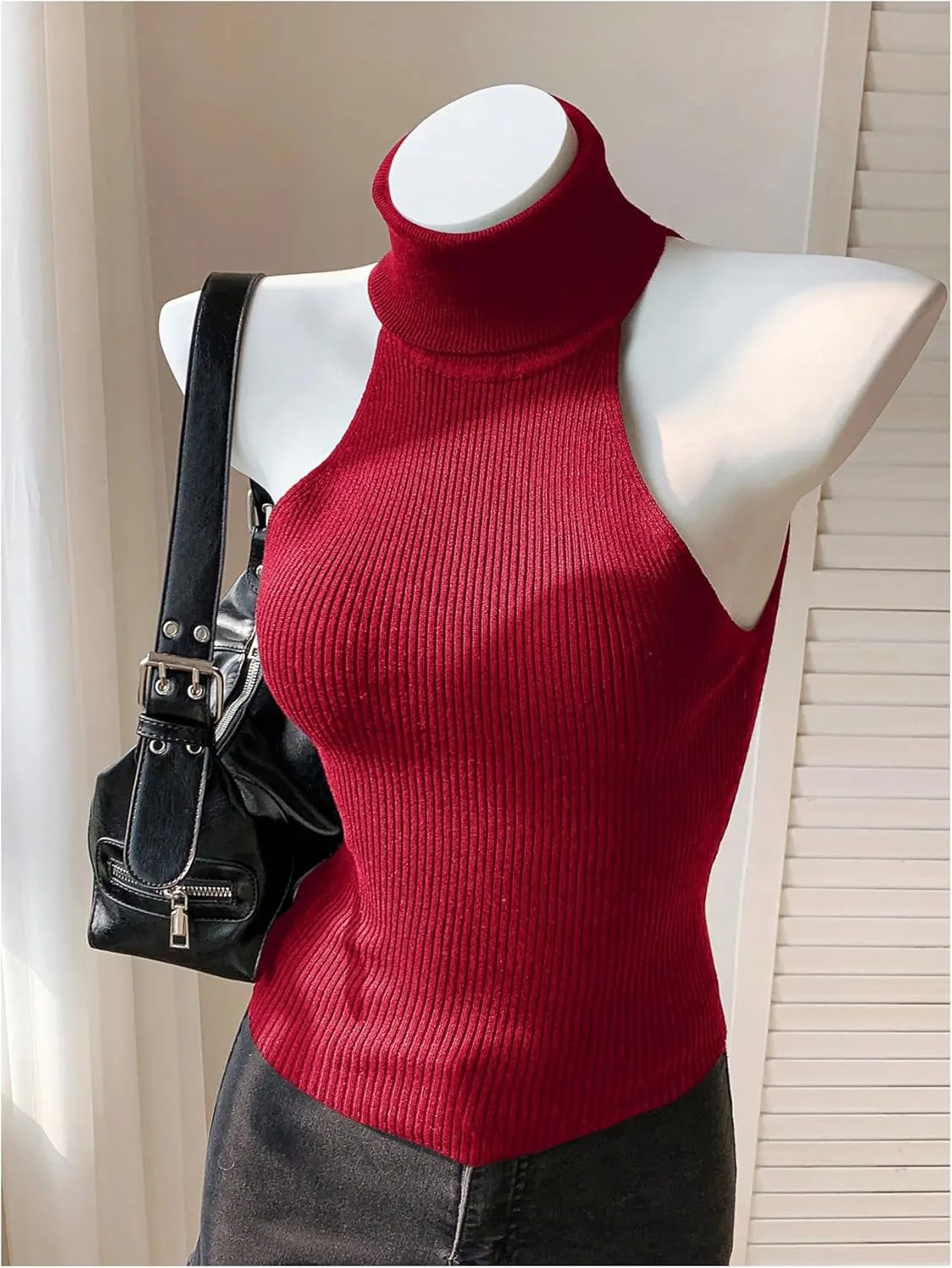 MakeMeChic Women's Turtleneck Halter Sleeveless Sweater Stretchy Knit Tank Crop Tops