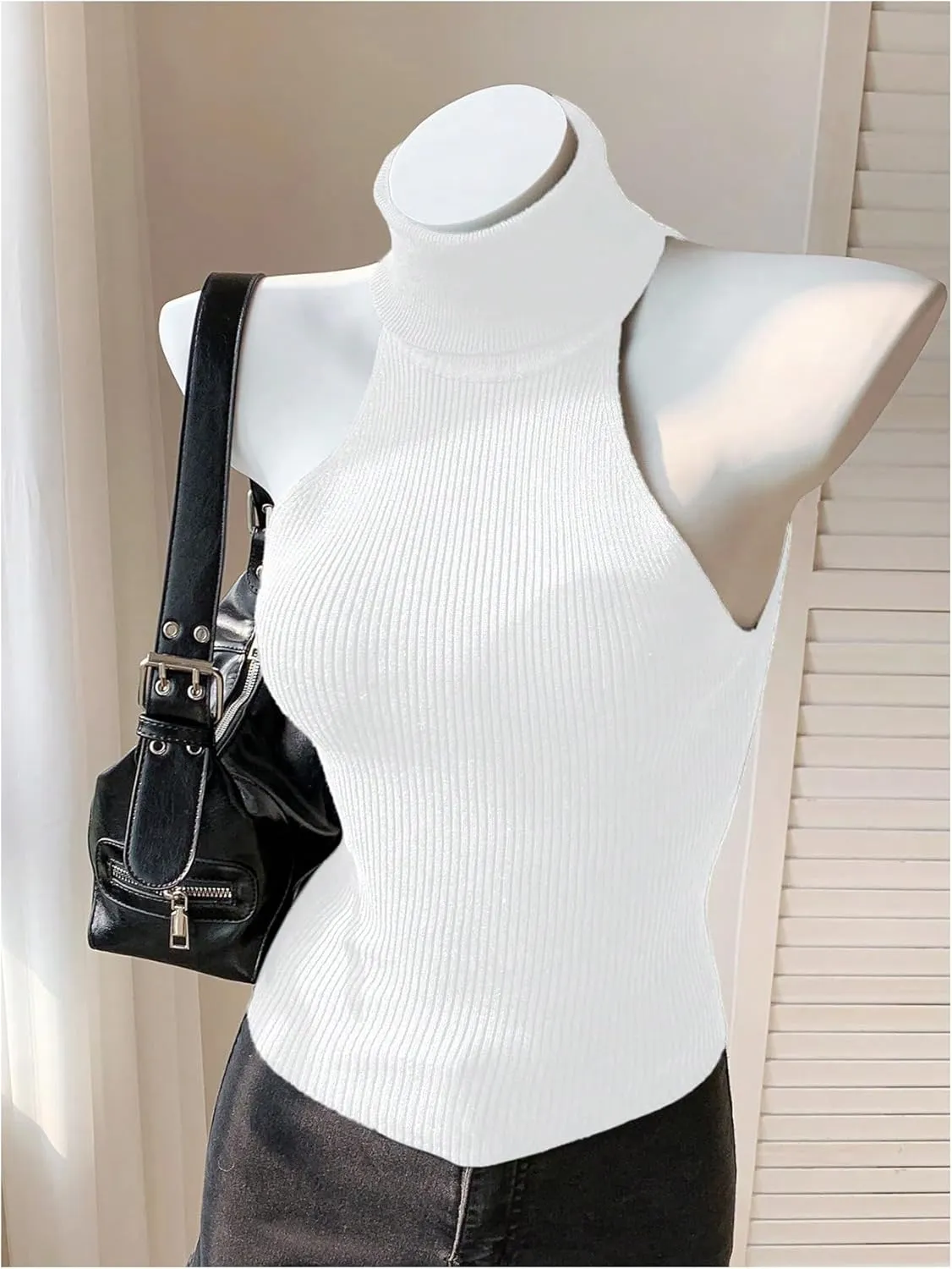 MakeMeChic Women's Turtleneck Halter Sleeveless Sweater Stretchy Knit Tank Crop Tops