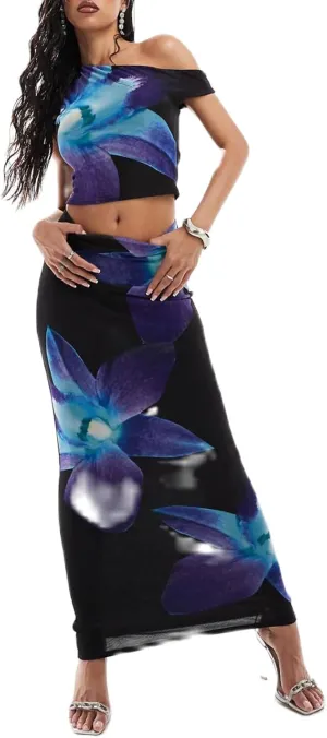 Meiweileya Womens Y2k Ruffle Tank Top Maxi Skirt 2 Piece Sets Silk Floral Crop Sleeveless Dress Going Out Cocktail Club