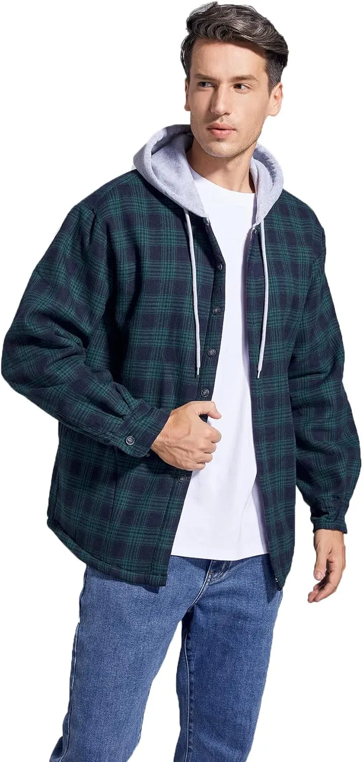 Men's Cotton Plaid Shirts Jacket Fleece Lined Flannel Shirts Sherpa Button Down Jackets with Hood for Men