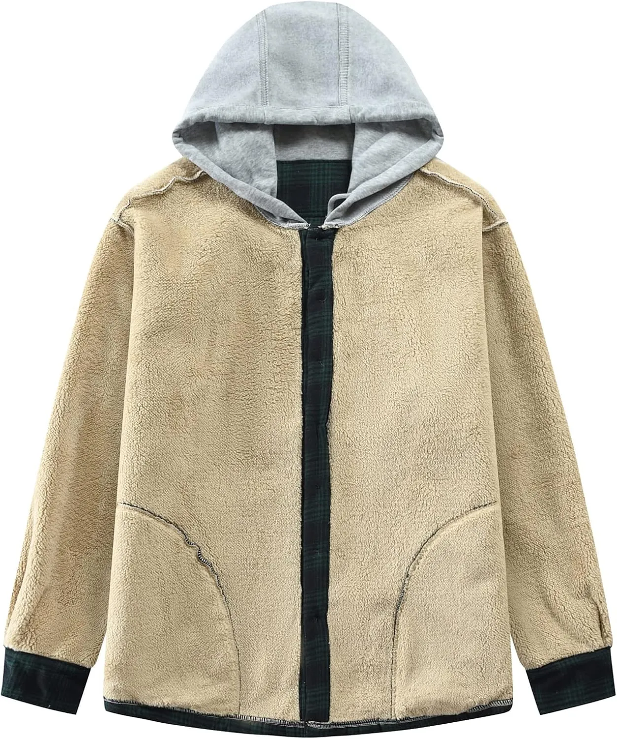 Men's Cotton Plaid Shirts Jacket Fleece Lined Flannel Shirts Sherpa Button Down Jackets with Hood for Men
