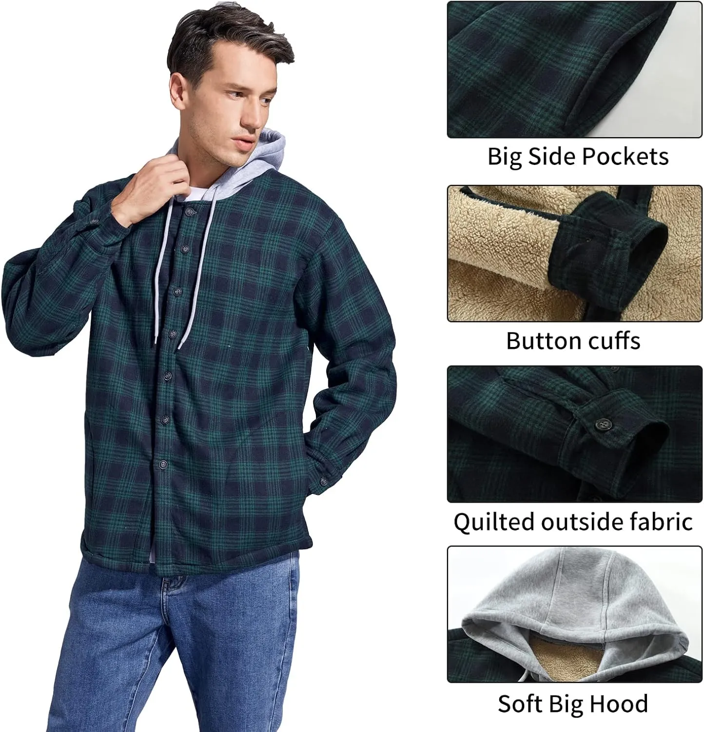 Men's Cotton Plaid Shirts Jacket Fleece Lined Flannel Shirts Sherpa Button Down Jackets with Hood for Men
