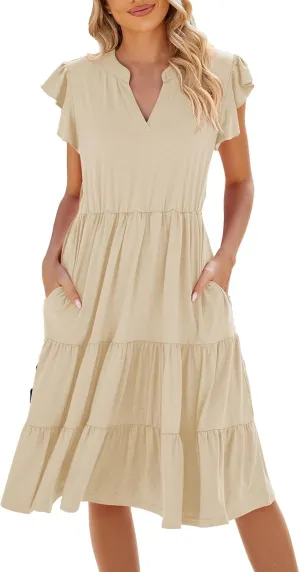 Midi Dresses for Women 2024 Summer V Neck Tiered Ruffle Sleeve Midi Dress Casual Flowy Sundress with Pockets