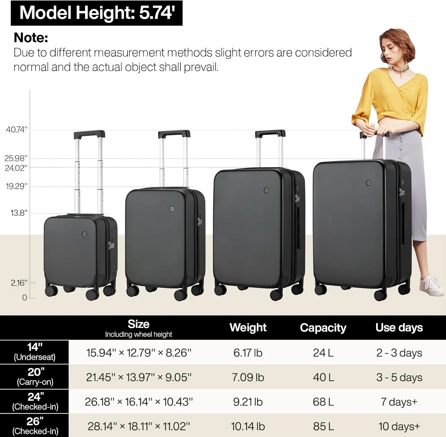 mixi Upgrade Carry on Luggage Suitcases with Spinner Wheels, Hardside Rolling Suitcase PC with TSA Lock Lightweight Travel Case 20in Carry-On, Fine Grid Black