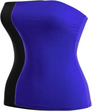 MixMatchy Women's Casual Basic Strapless Tops Long Bandeau Tube Top Stretchy Undershirt 2PACK