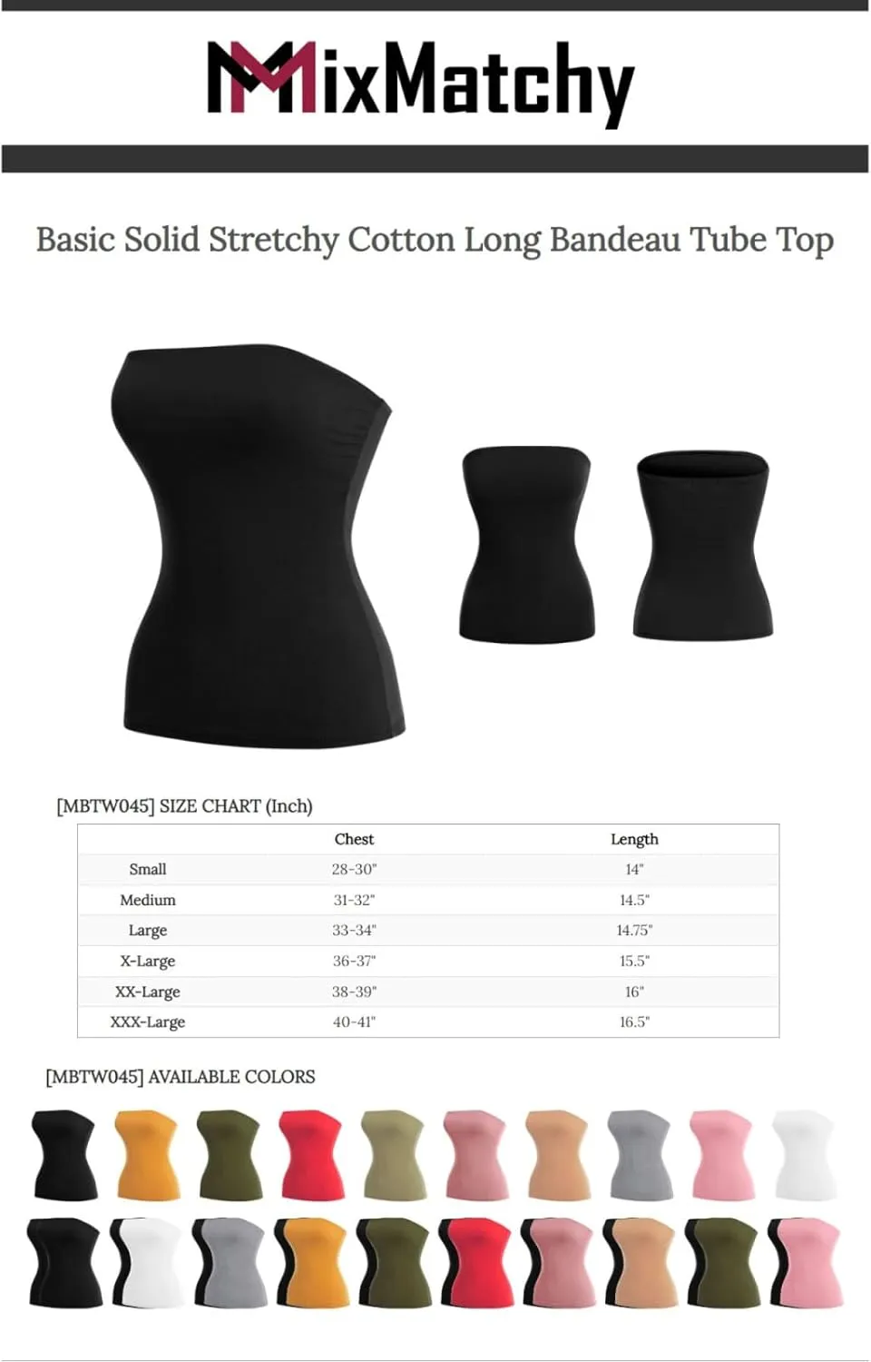 MixMatchy Women's Casual Basic Strapless Tops Long Bandeau Tube Top Stretchy Undershirt 2PACK