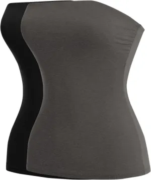 MixMatchy Women's Casual Basic Strapless Tops Long Bandeau Tube Top Stretchy Undershirt 2PACK