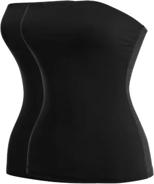 MixMatchy Women's Casual Basic Strapless Tops Long Bandeau Tube Top Stretchy Undershirt 2PACK