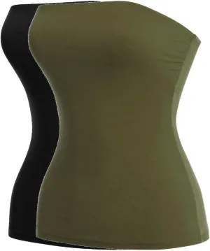 MixMatchy Women's Casual Basic Strapless Tops Long Bandeau Tube Top Stretchy Undershirt 2PACK