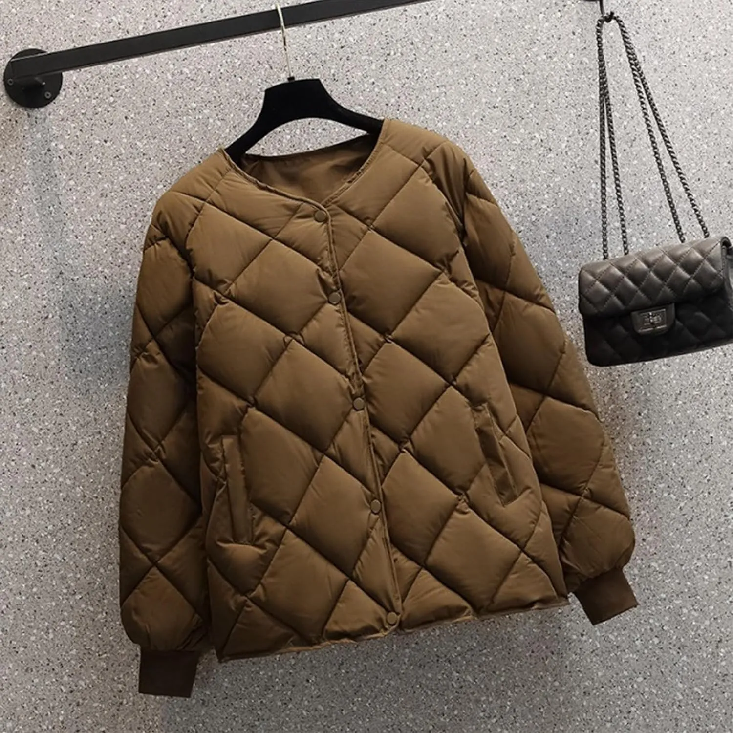 NATHGAM Women's Lightweight Short Puffer Coats Diamond Winter Warm Cotton Qulited Bomber Jacket Casual Button Padded Jacket
