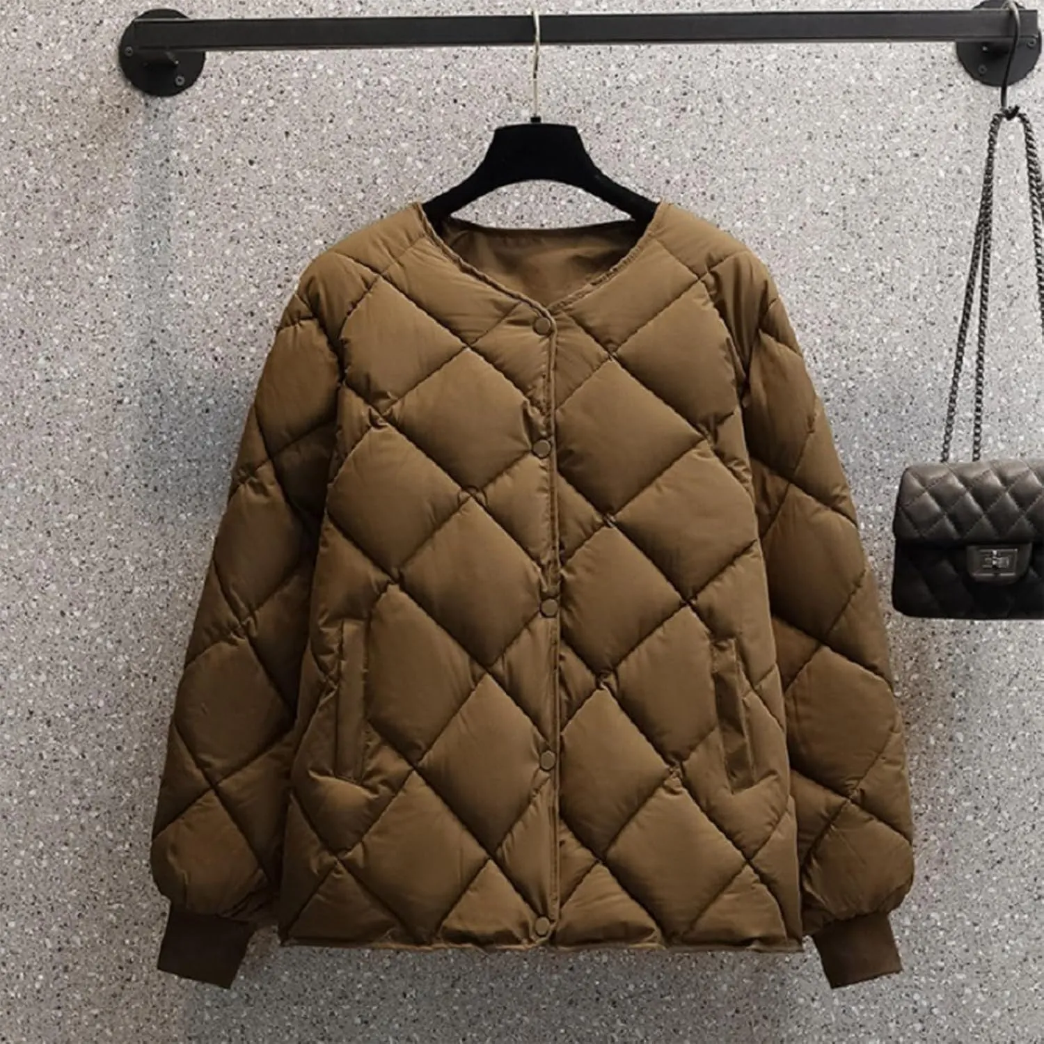 NATHGAM Women's Lightweight Short Puffer Coats Diamond Winter Warm Cotton Qulited Bomber Jacket Casual Button Padded Jacket