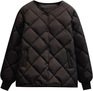 NATHGAM Women's Lightweight Short Puffer Coats Diamond Winter Warm Cotton Qulited Bomber Jacket Casual Button Padded Jacket