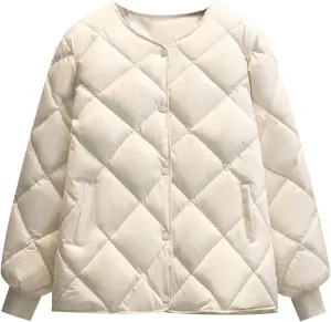 NATHGAM Women's Lightweight Short Puffer Coats Diamond Winter Warm Cotton Qulited Bomber Jacket Casual Button Padded Jacket