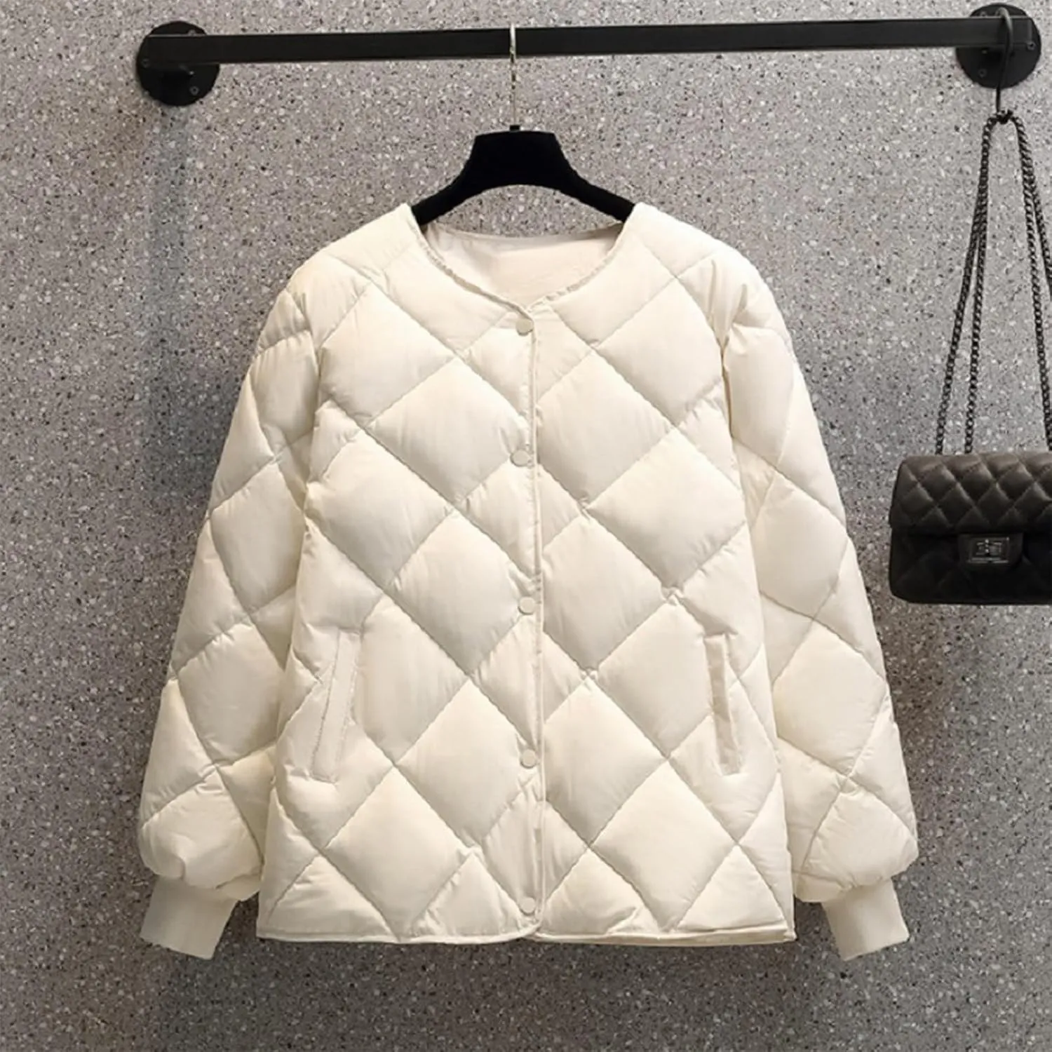 NATHGAM Women's Lightweight Short Puffer Coats Diamond Winter Warm Cotton Qulited Bomber Jacket Casual Button Padded Jacket