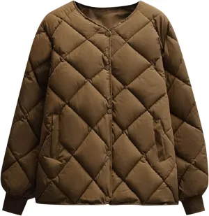 NATHGAM Women's Lightweight Short Puffer Coats Diamond Winter Warm Cotton Qulited Bomber Jacket Casual Button Padded Jacket