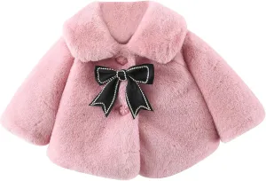 Newborn Baby Girls Warm Cloak Coat Cute Winter Furry Cape Jacket Fluffy Fleece Outwear Long Sleeve Sweet Outfit with Bowknot