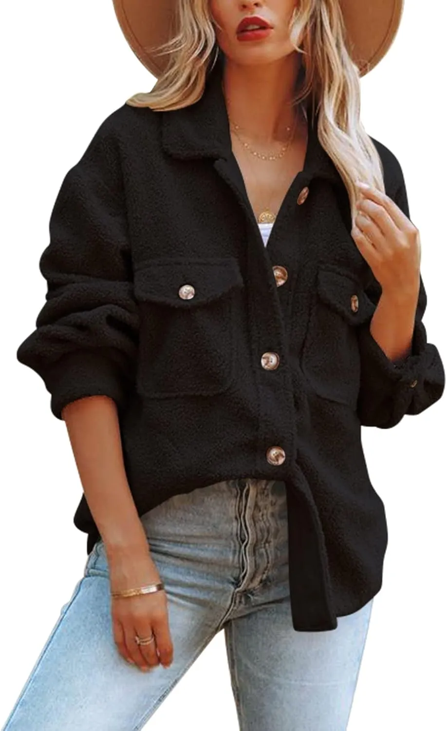 Nirovien Womens Oversized Fleece Jakcets Button Down Sherpa Shacket Fuzzy Coats Casual Warm Teddy Outwear with Pockets