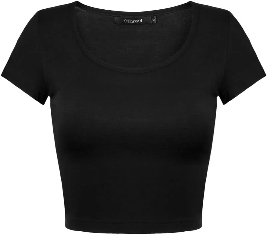 OThread & Co. Women's Basic Crop Tops Stretchy Casual Scoop Neck Cap Sleeve Shirt
