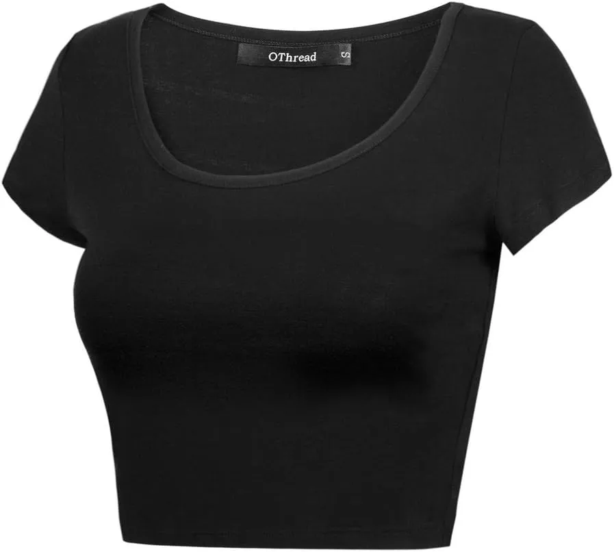 OThread & Co. Women's Basic Crop Tops Stretchy Casual Scoop Neck Cap Sleeve Shirt