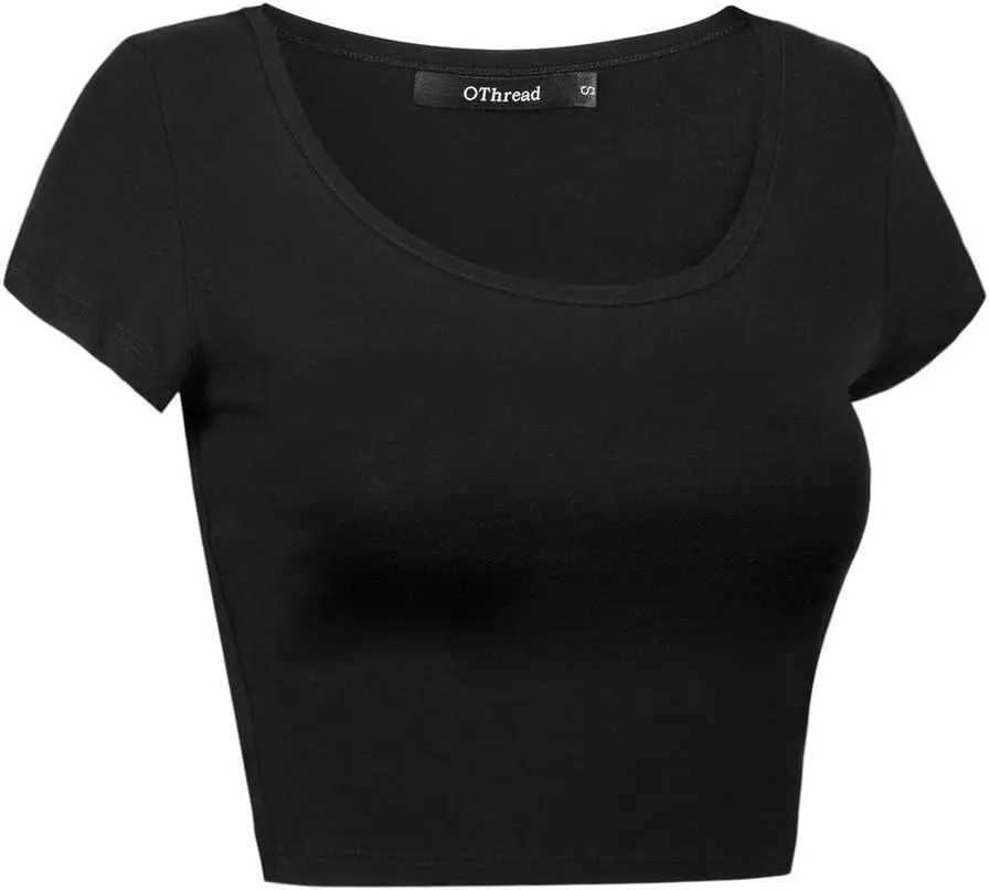 OThread & Co. Women's Basic Crop Tops Stretchy Casual Scoop Neck Cap Sleeve Shirt