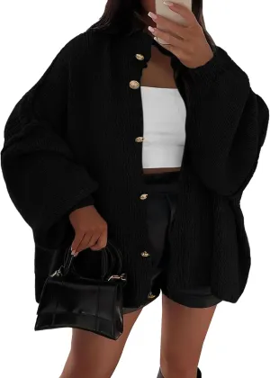 PRETTYGARDEN Women's Winter Button Down Cardigan Sweaters Mock Neck Lantern Long Sleeve Chunky Knit Jacket Trendy Outerwear (Black,X-Large)
