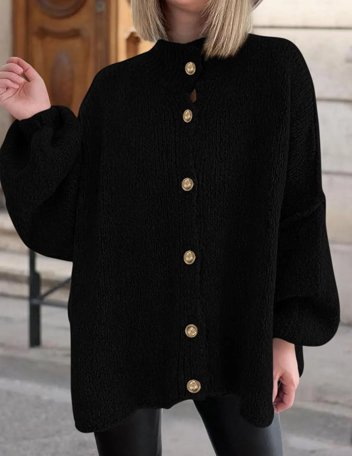 PRETTYGARDEN Women's Winter Button Down Cardigan Sweaters Mock Neck Lantern Long Sleeve Chunky Knit Jacket Trendy Outerwear