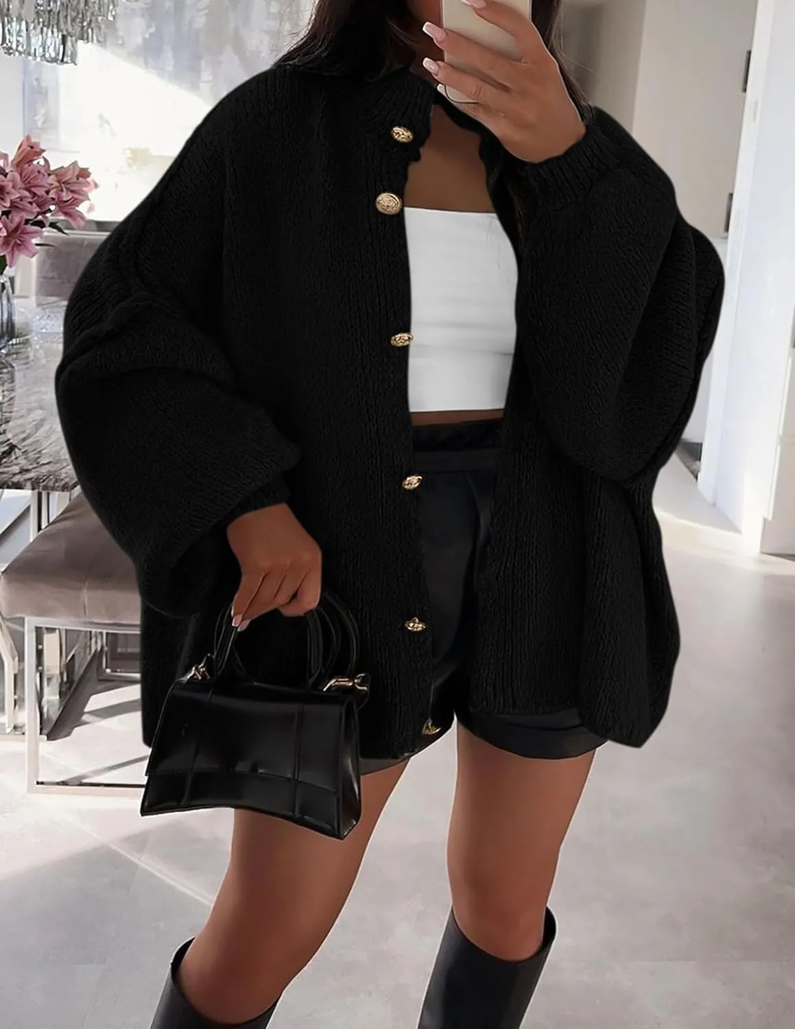 PRETTYGARDEN Women's Winter Button Down Cardigan Sweaters Mock Neck Lantern Long Sleeve Chunky Knit Jacket Trendy Outerwear