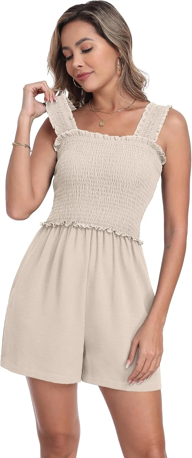 QIXING Women's Summer Casual Rompers Dressy Smocked Loose Comfy Short Jumpsuits Vacation Outfits With Pockets
