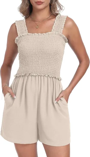 QIXING Women's Summer Casual Rompers Dressy Smocked Loose Comfy Short Jumpsuits Vacation Outfits With Pockets