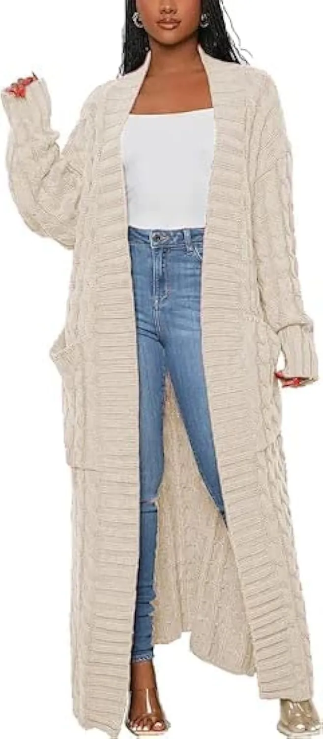 SHINFY Women Long Sleeve Open Front Knit Long Cardigan Casual Knitted Maxi Sweater Coat Outwear with Pockets
