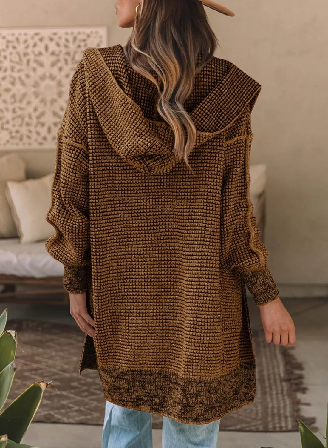 Sidefeel Women's Cardigan Sweaters Hooded Oversized Open Front Chunky Knit Plaid Sweater Coat Fall Fashion Tops