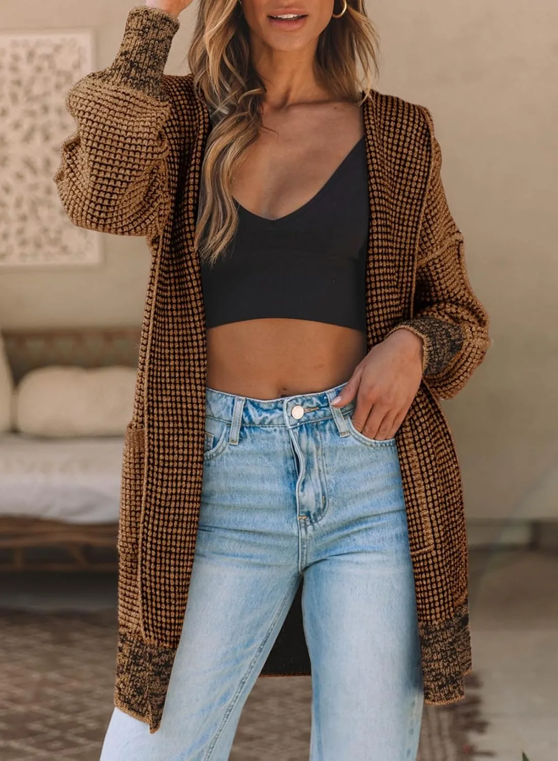 Sidefeel Women's Cardigan Sweaters Hooded Oversized Open Front Chunky Knit Plaid Sweater Coat Fall Fashion Tops