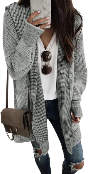 Sidefeel Women's Cardigan Sweaters Hooded Oversized Open Front Chunky Knit Plaid Sweater Coat Fall Fashion Tops