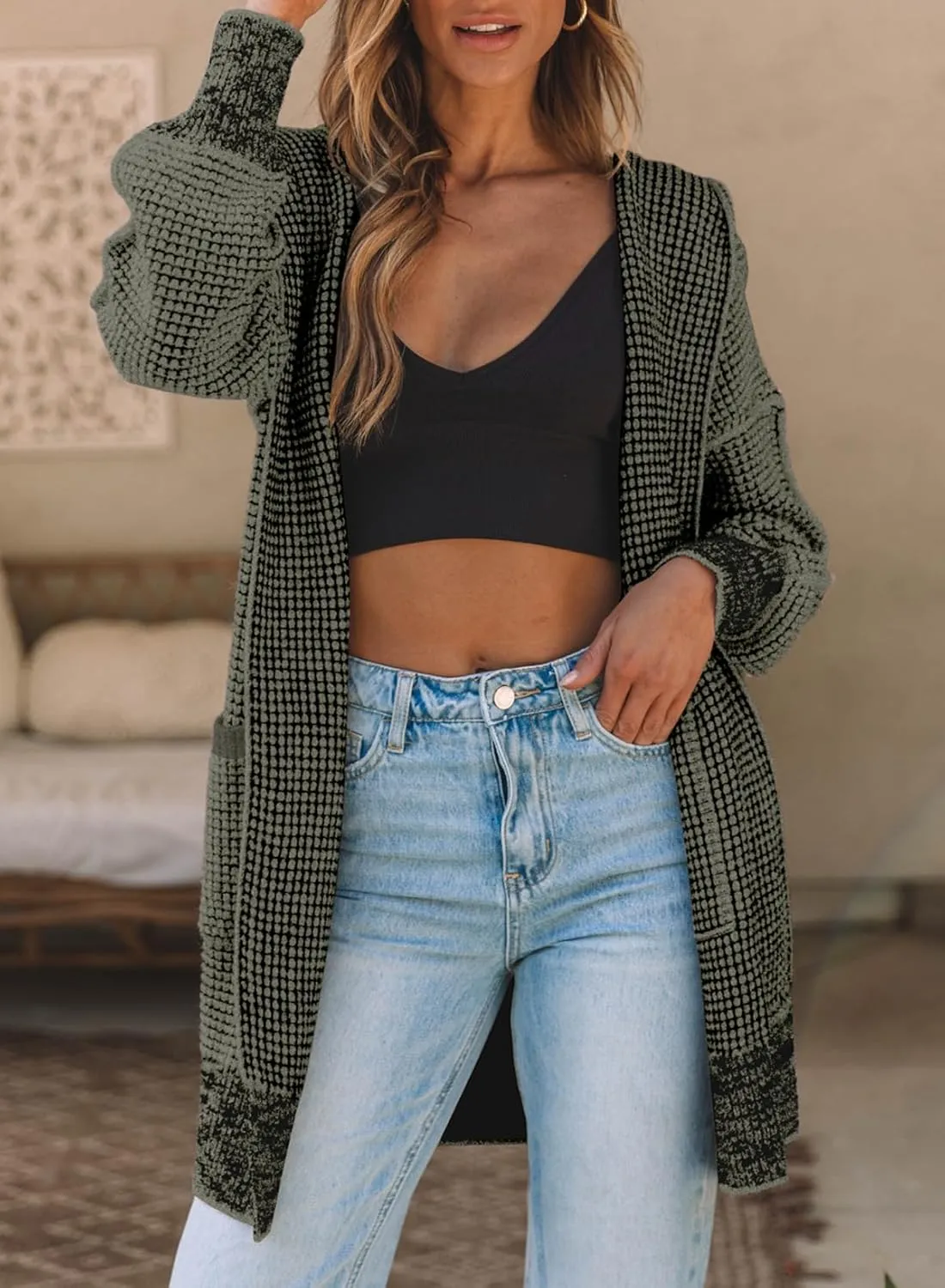 Sidefeel Women's Cardigan Sweaters Hooded Oversized Open Front Chunky Knit Plaid Sweater Coat Fall Fashion Tops