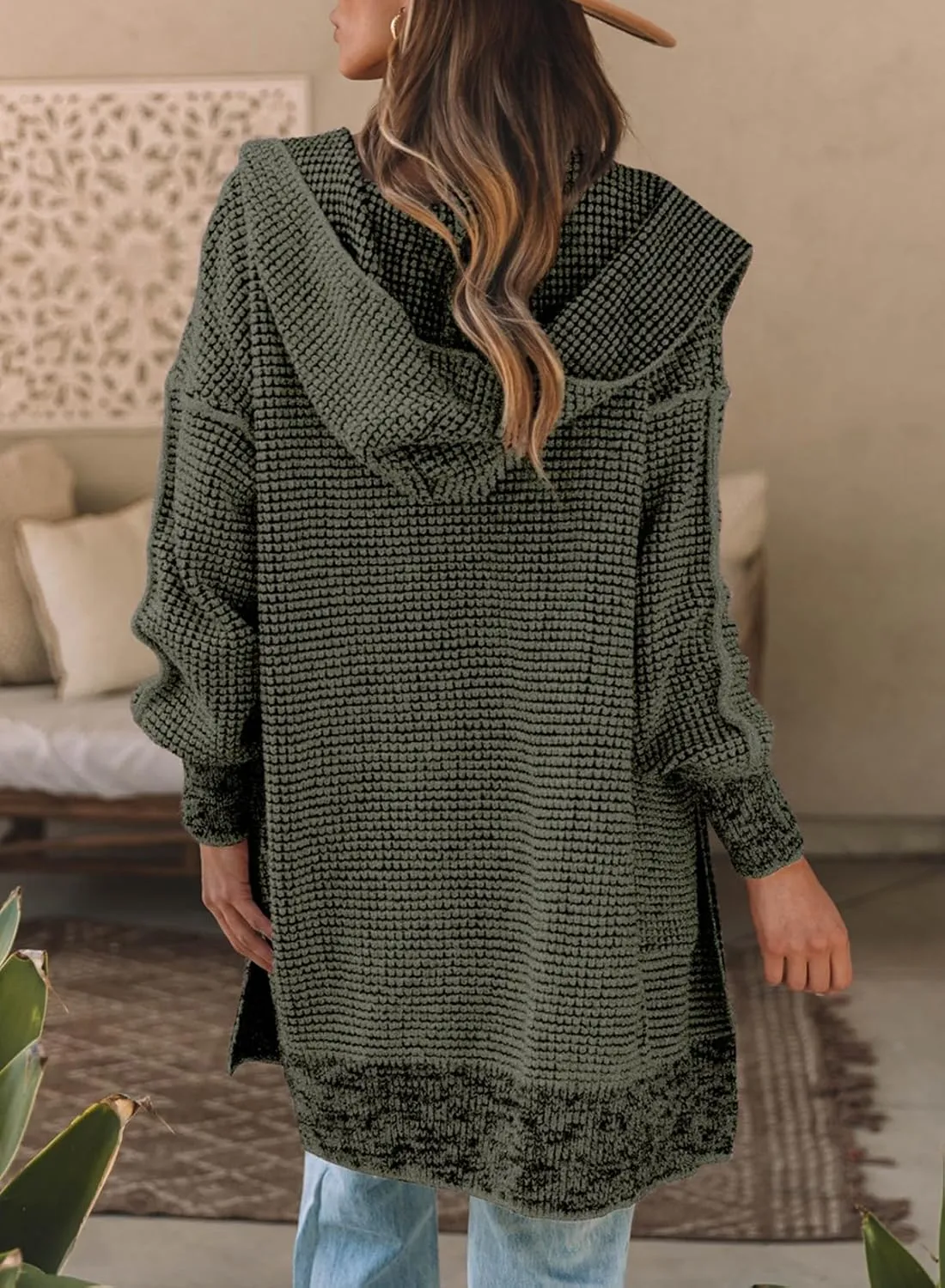 Sidefeel Women's Cardigan Sweaters Hooded Oversized Open Front Chunky Knit Plaid Sweater Coat Fall Fashion Tops