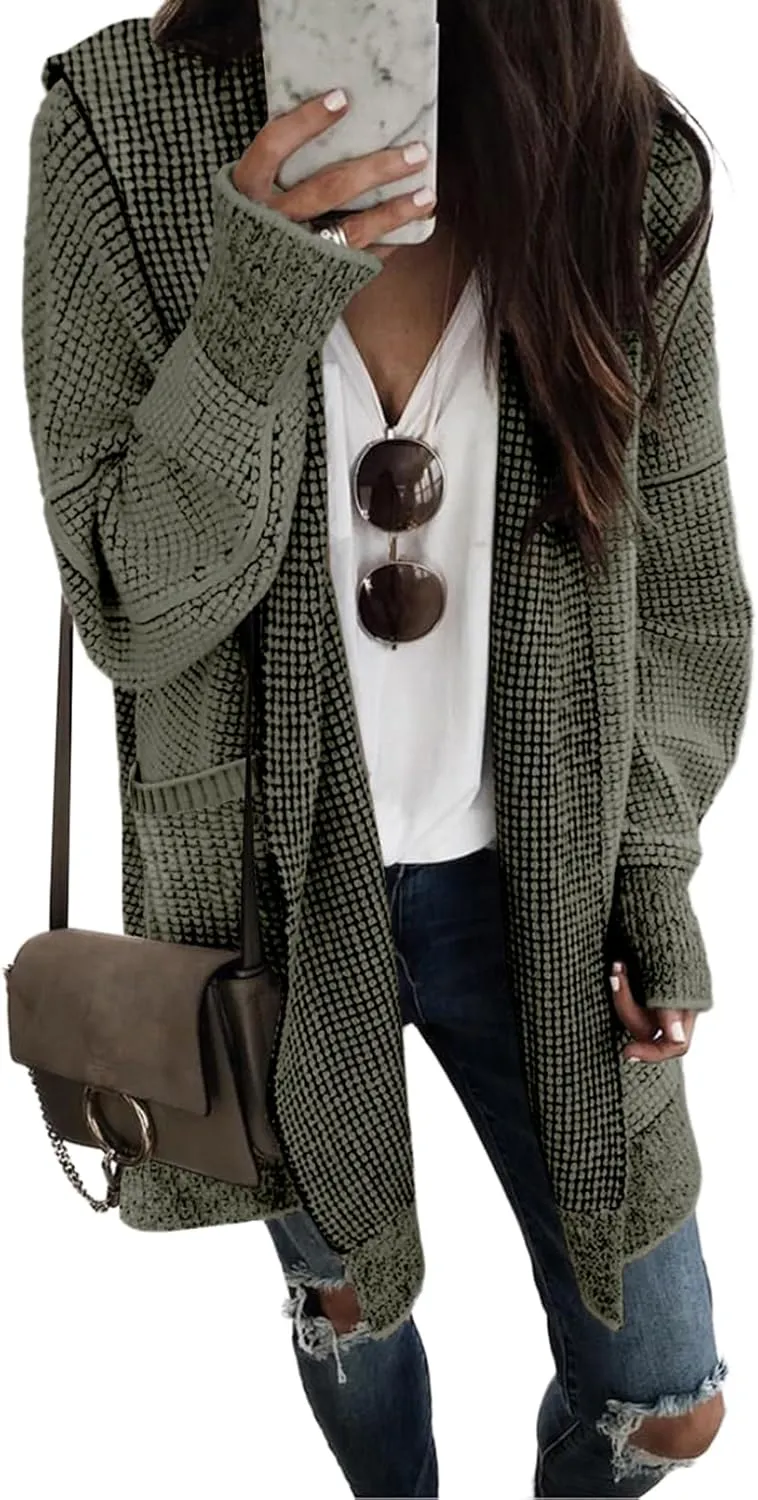 Sidefeel Women's Cardigan Sweaters Hooded Oversized Open Front Chunky Knit Plaid Sweater Coat Fall Fashion Tops