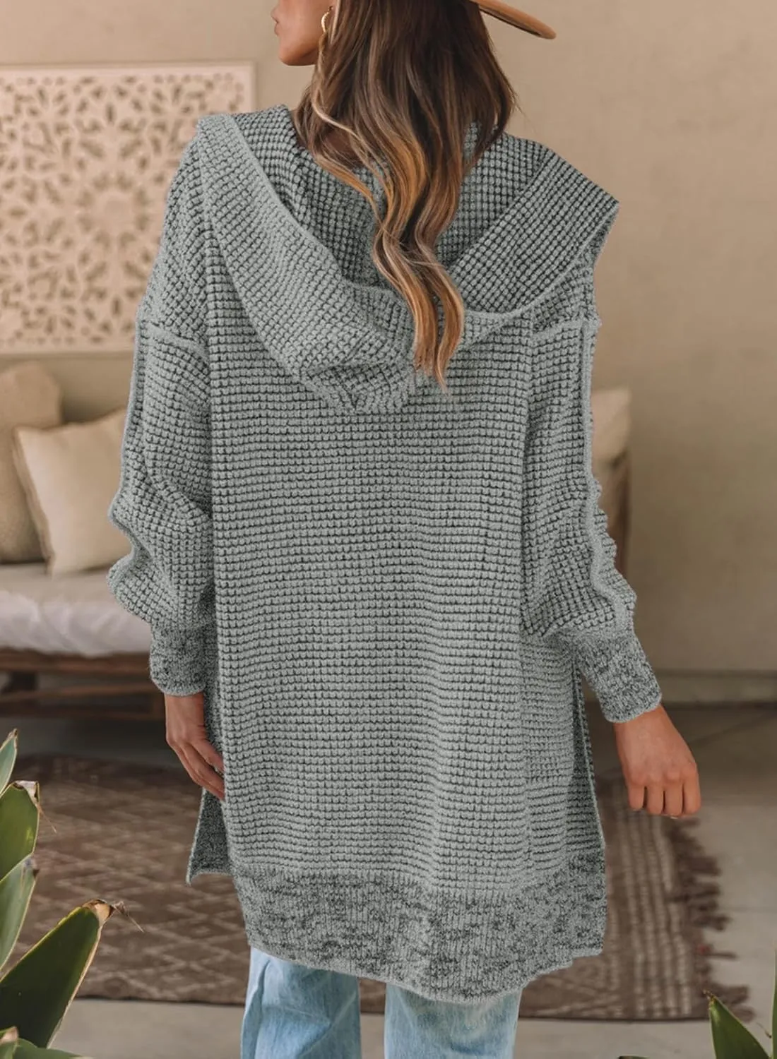 Sidefeel Women's Cardigan Sweaters Hooded Oversized Open Front Chunky Knit Plaid Sweater Coat Fall Fashion Tops