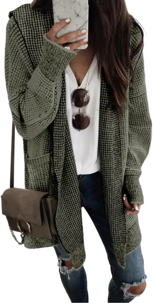 Sidefeel Women's Cardigan Sweaters Hooded Oversized Open Front Chunky Knit Plaid Sweater Coat Fall Fashion Tops