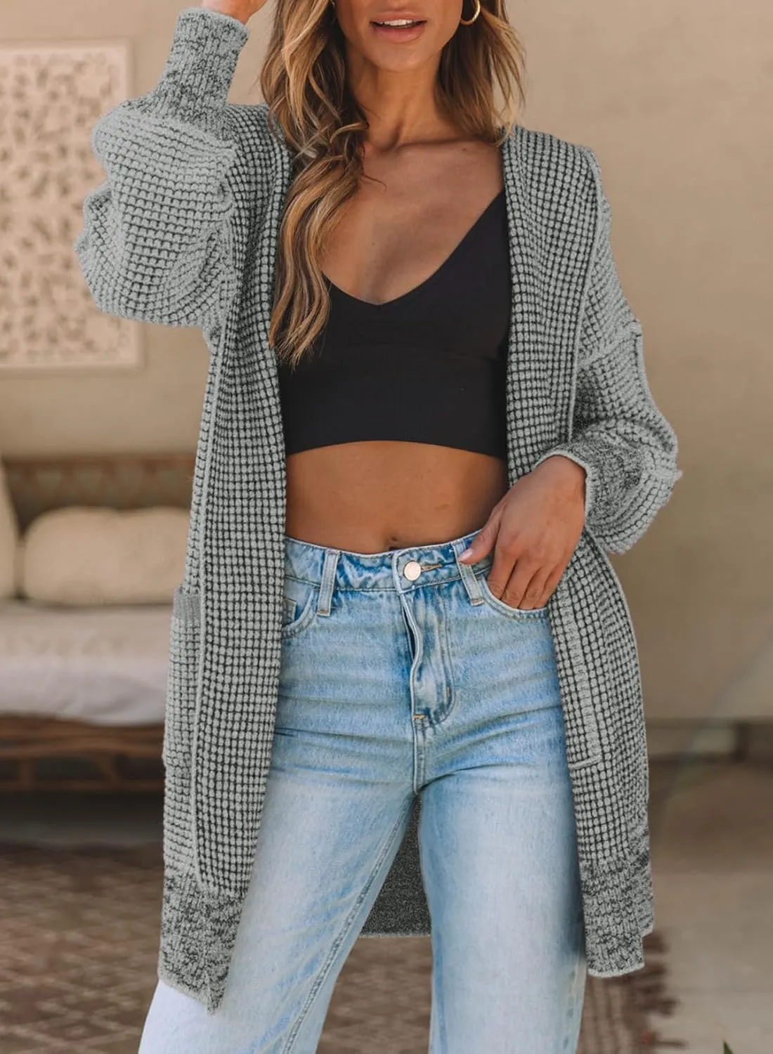 Sidefeel Women's Cardigan Sweaters Hooded Oversized Open Front Chunky Knit Plaid Sweater Coat Fall Fashion Tops